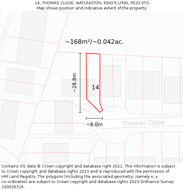 14, THOMAS CLOSE, WATLINGTON, KING'S LYNN, PE33 0TG: Plot and title map