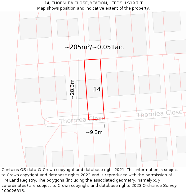 14, THORNLEA CLOSE, YEADON, LEEDS, LS19 7LT: Plot and title map