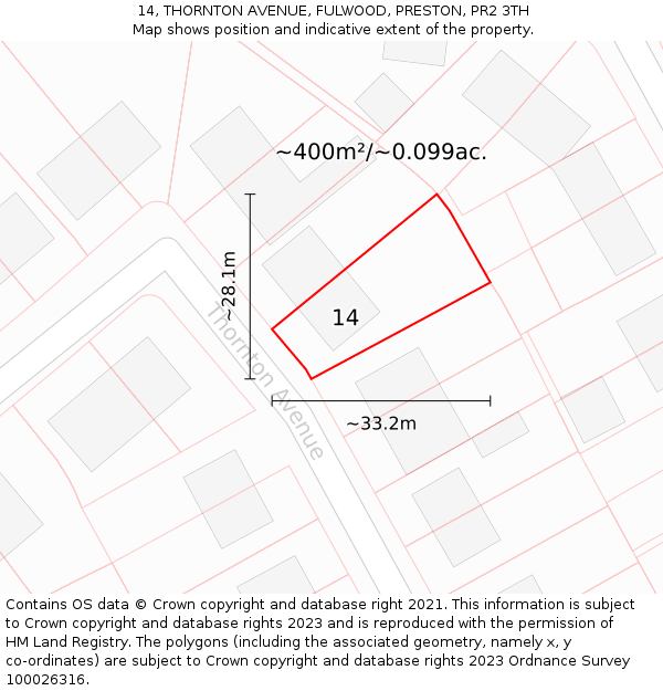 14, THORNTON AVENUE, FULWOOD, PRESTON, PR2 3TH: Plot and title map