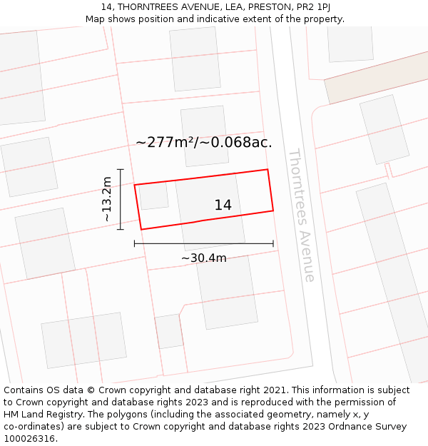 14, THORNTREES AVENUE, LEA, PRESTON, PR2 1PJ: Plot and title map