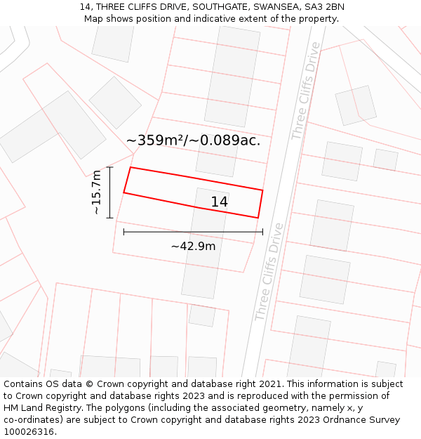 14, THREE CLIFFS DRIVE, SOUTHGATE, SWANSEA, SA3 2BN: Plot and title map