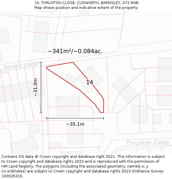 14, THRUXTON CLOSE, CUDWORTH, BARNSLEY, S72 8NB: Plot and title map