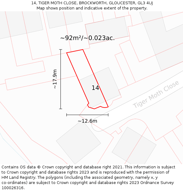 14, TIGER MOTH CLOSE, BROCKWORTH, GLOUCESTER, GL3 4UJ: Plot and title map