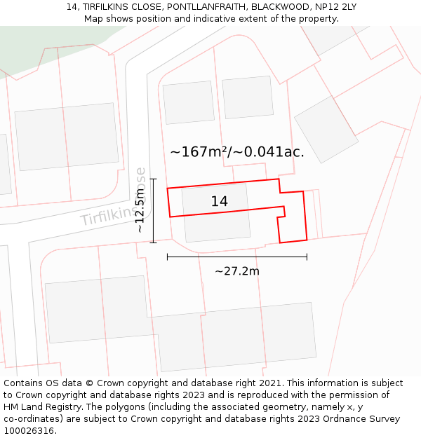 14, TIRFILKINS CLOSE, PONTLLANFRAITH, BLACKWOOD, NP12 2LY: Plot and title map
