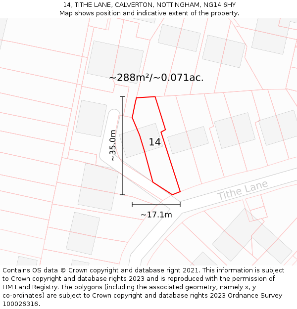 14, TITHE LANE, CALVERTON, NOTTINGHAM, NG14 6HY: Plot and title map