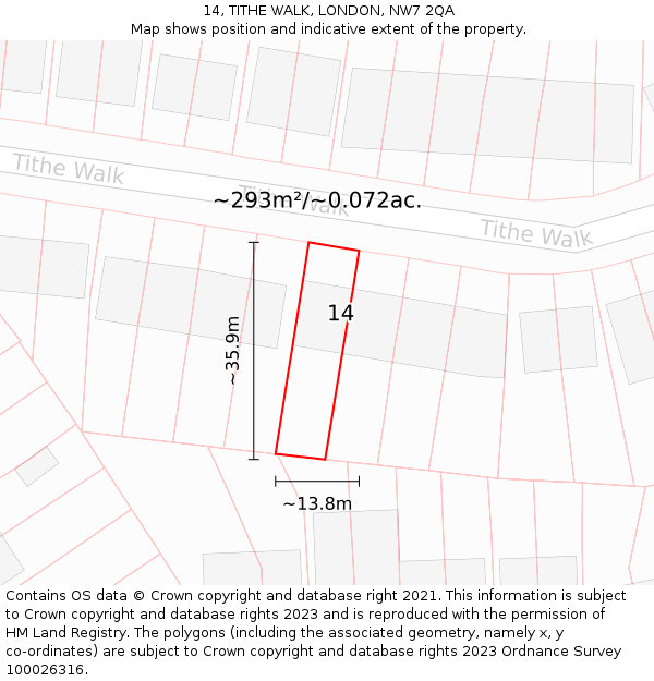 14, TITHE WALK, LONDON, NW7 2QA: Plot and title map
