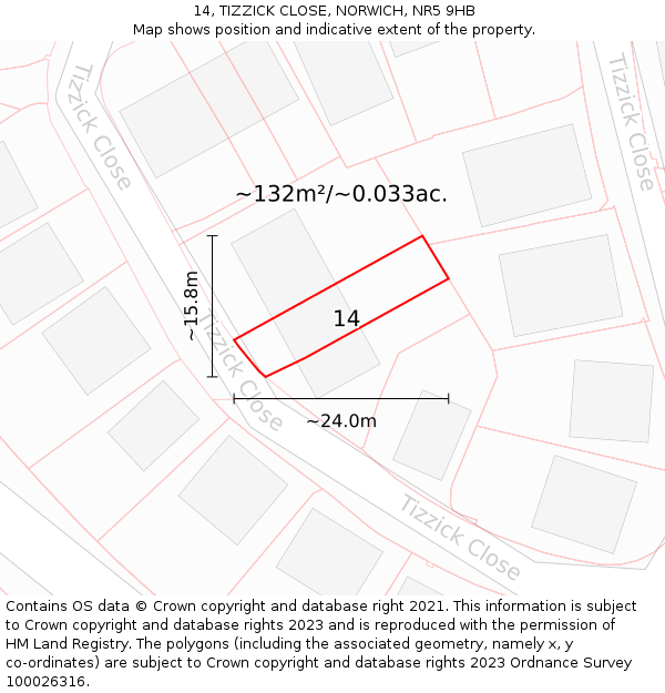 14, TIZZICK CLOSE, NORWICH, NR5 9HB: Plot and title map