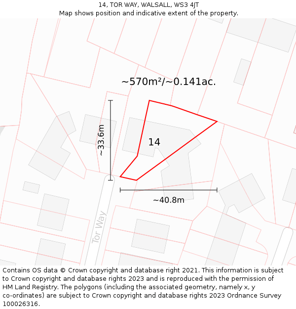14, TOR WAY, WALSALL, WS3 4JT: Plot and title map