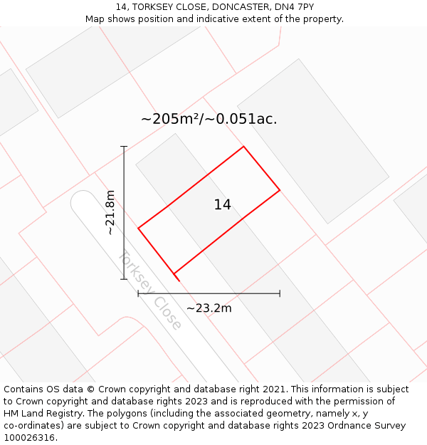 14, TORKSEY CLOSE, DONCASTER, DN4 7PY: Plot and title map
