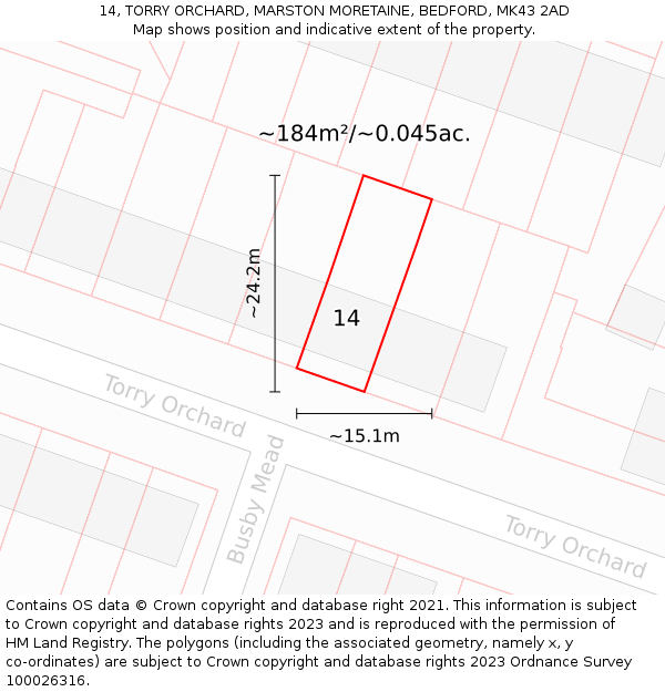 14, TORRY ORCHARD, MARSTON MORETAINE, BEDFORD, MK43 2AD: Plot and title map