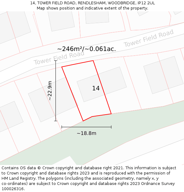 14, TOWER FIELD ROAD, RENDLESHAM, WOODBRIDGE, IP12 2UL: Plot and title map