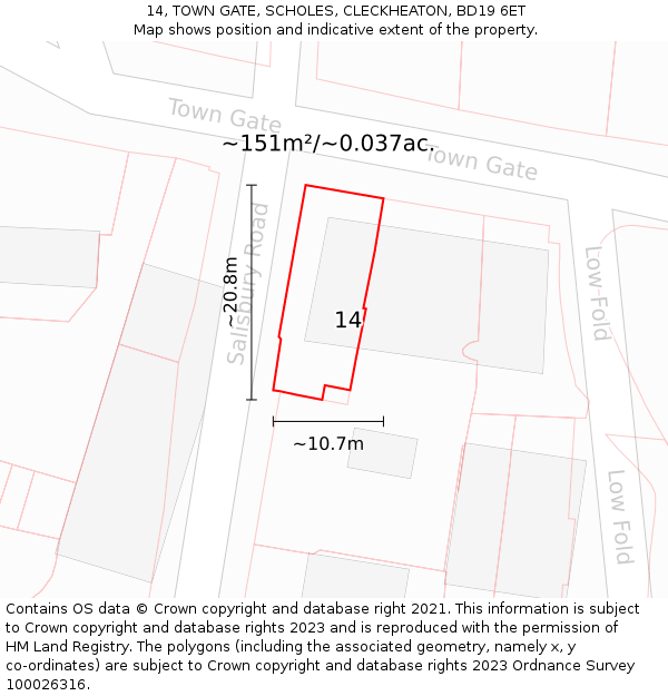 14, TOWN GATE, SCHOLES, CLECKHEATON, BD19 6ET: Plot and title map