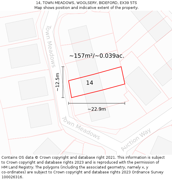14, TOWN MEADOWS, WOOLSERY, BIDEFORD, EX39 5TS: Plot and title map