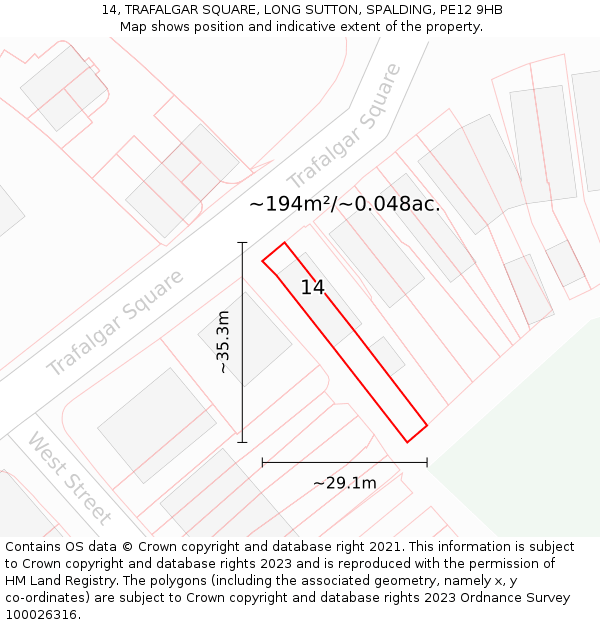 14, TRAFALGAR SQUARE, LONG SUTTON, SPALDING, PE12 9HB: Plot and title map
