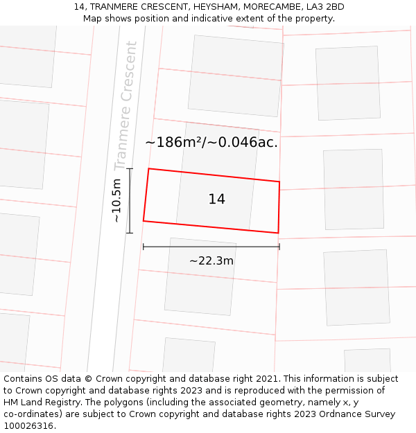 14, TRANMERE CRESCENT, HEYSHAM, MORECAMBE, LA3 2BD: Plot and title map