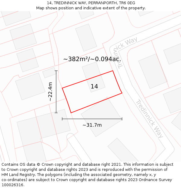 14, TREDINNICK WAY, PERRANPORTH, TR6 0EG: Plot and title map