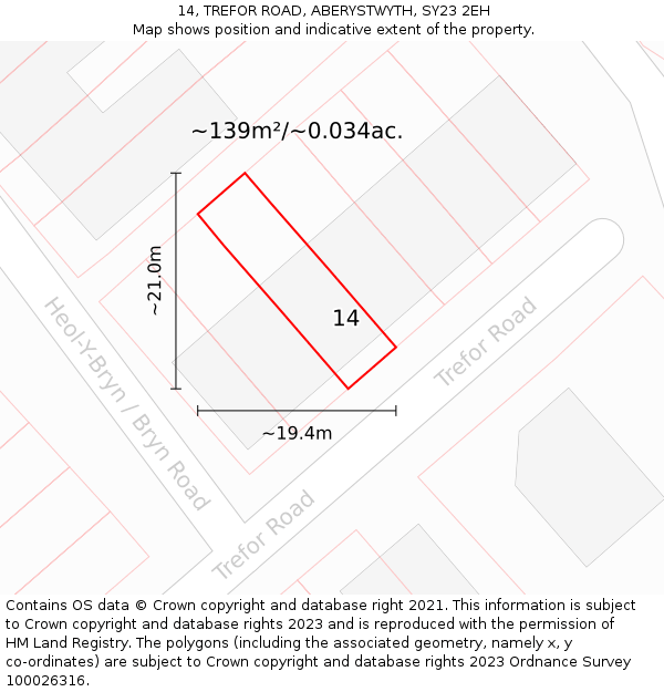 14, TREFOR ROAD, ABERYSTWYTH, SY23 2EH: Plot and title map