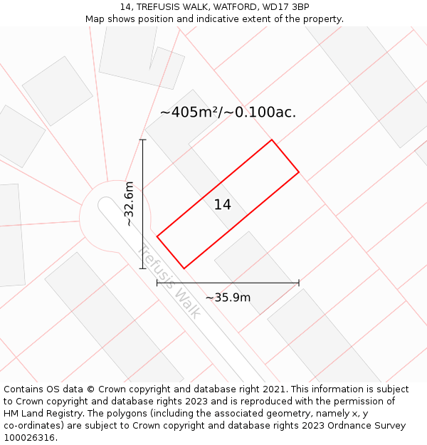 14, TREFUSIS WALK, WATFORD, WD17 3BP: Plot and title map