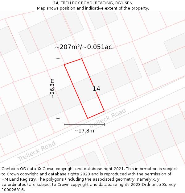 14, TRELLECK ROAD, READING, RG1 6EN: Plot and title map