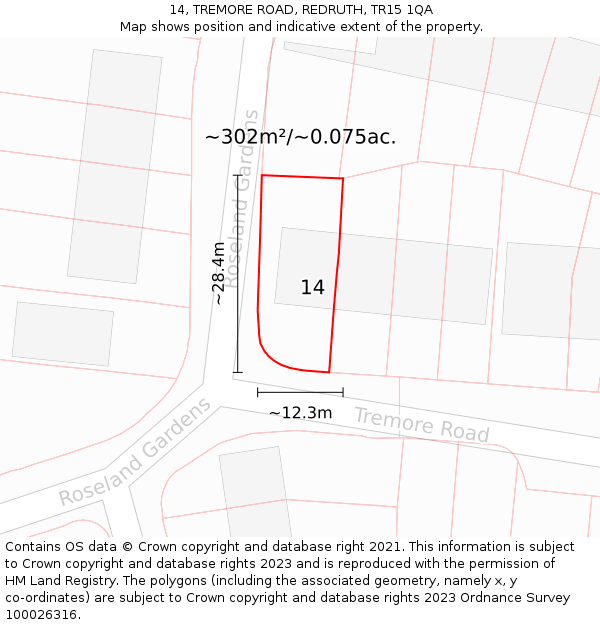 14, TREMORE ROAD, REDRUTH, TR15 1QA: Plot and title map