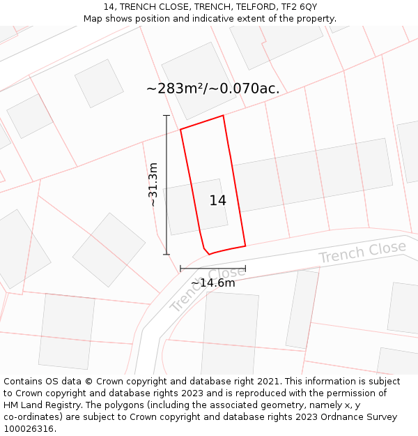 14, TRENCH CLOSE, TRENCH, TELFORD, TF2 6QY: Plot and title map