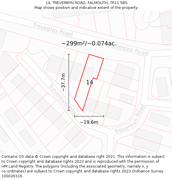 14, TREVERBYN ROAD, FALMOUTH, TR11 5BS: Plot and title map
