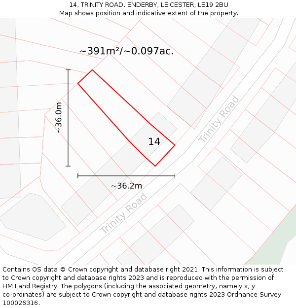 14, TRINITY ROAD, ENDERBY, LEICESTER, LE19 2BU: Plot and title map