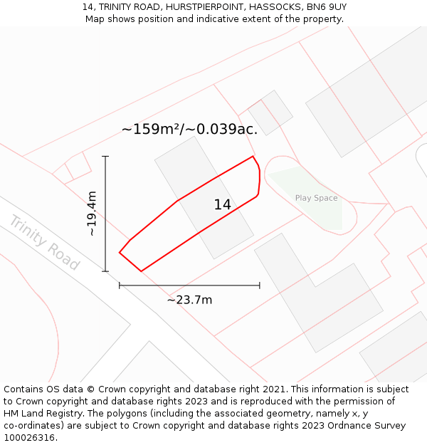 14, TRINITY ROAD, HURSTPIERPOINT, HASSOCKS, BN6 9UY: Plot and title map