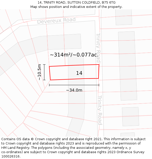 14, TRINITY ROAD, SUTTON COLDFIELD, B75 6TG: Plot and title map