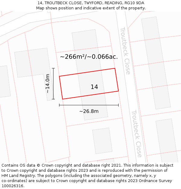 14, TROUTBECK CLOSE, TWYFORD, READING, RG10 9DA: Plot and title map