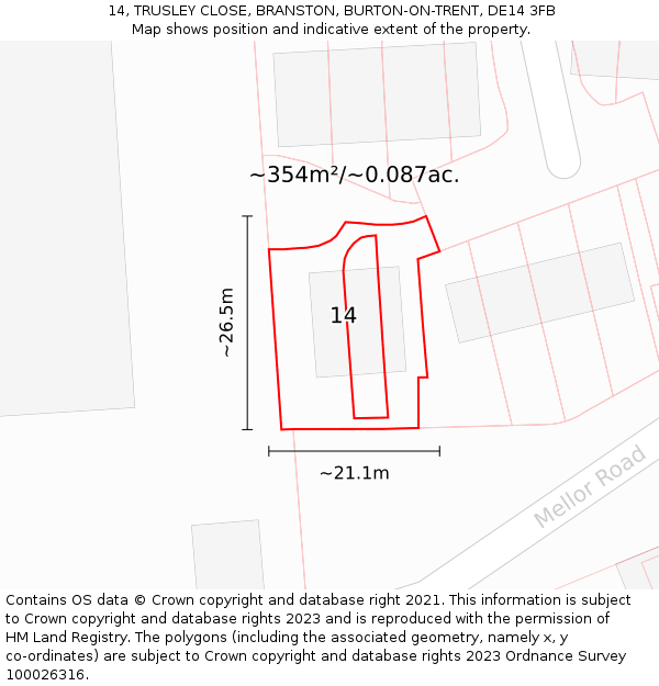 14, TRUSLEY CLOSE, BRANSTON, BURTON-ON-TRENT, DE14 3FB: Plot and title map