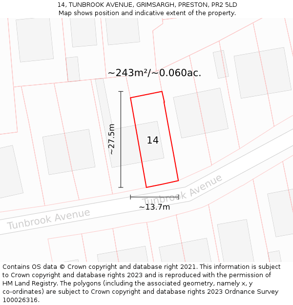 14, TUNBROOK AVENUE, GRIMSARGH, PRESTON, PR2 5LD: Plot and title map