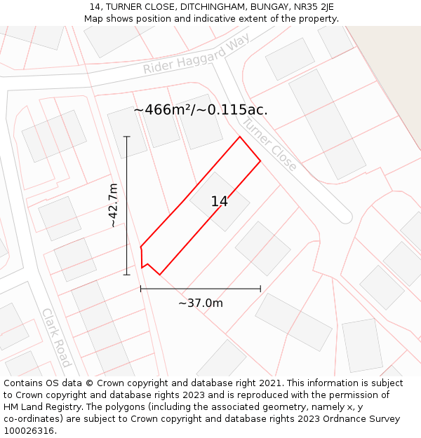 14, TURNER CLOSE, DITCHINGHAM, BUNGAY, NR35 2JE: Plot and title map