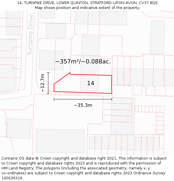 14, TURNPIKE DRIVE, LOWER QUINTON, STRATFORD-UPON-AVON, CV37 8QS: Plot and title map