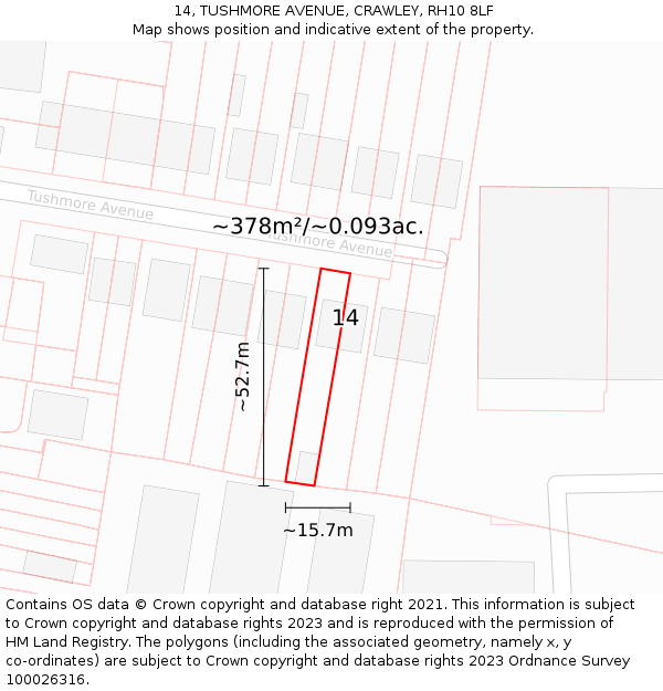 14, TUSHMORE AVENUE, CRAWLEY, RH10 8LF: Plot and title map
