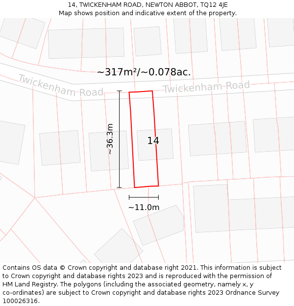 14, TWICKENHAM ROAD, NEWTON ABBOT, TQ12 4JE: Plot and title map