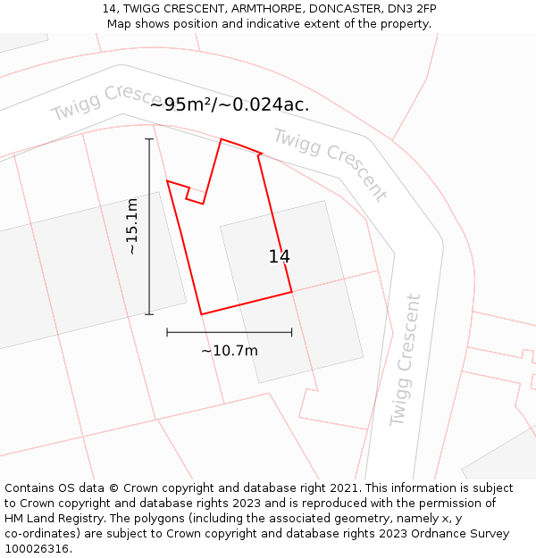 14, TWIGG CRESCENT, ARMTHORPE, DONCASTER, DN3 2FP: Plot and title map