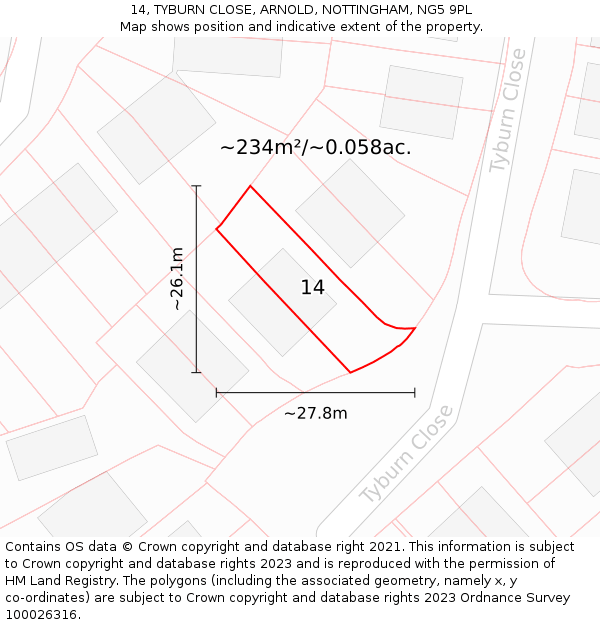 14, TYBURN CLOSE, ARNOLD, NOTTINGHAM, NG5 9PL: Plot and title map