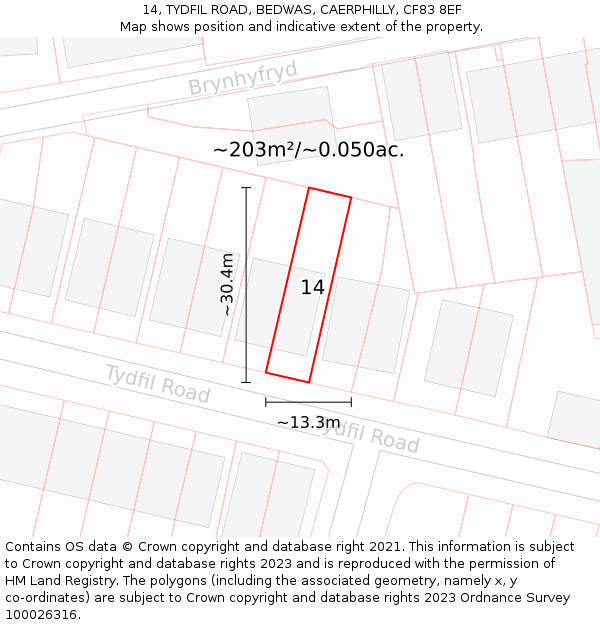 14, TYDFIL ROAD, BEDWAS, CAERPHILLY, CF83 8EF: Plot and title map