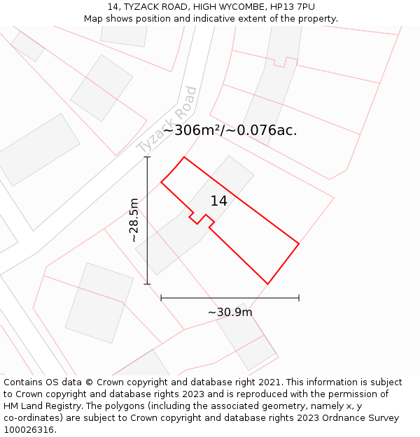 14, TYZACK ROAD, HIGH WYCOMBE, HP13 7PU: Plot and title map