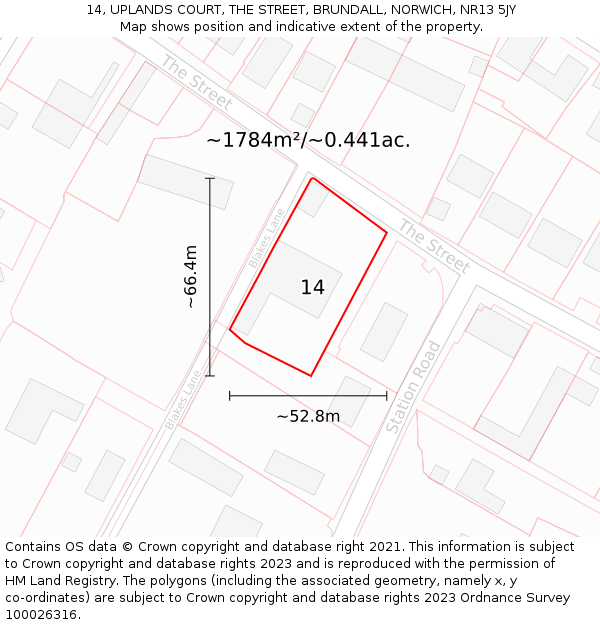 14, UPLANDS COURT, THE STREET, BRUNDALL, NORWICH, NR13 5JY: Plot and title map