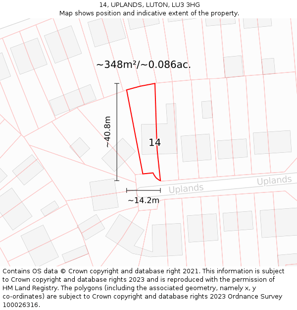 14, UPLANDS, LUTON, LU3 3HG: Plot and title map