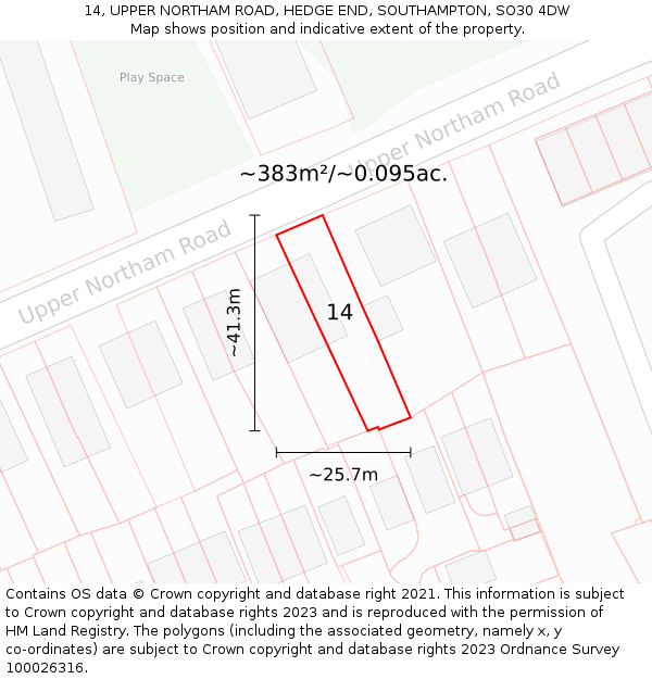 14, UPPER NORTHAM ROAD, HEDGE END, SOUTHAMPTON, SO30 4DW: Plot and title map