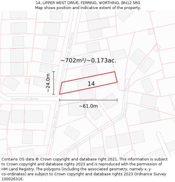 14, UPPER WEST DRIVE, FERRING, WORTHING, BN12 5RG: Plot and title map
