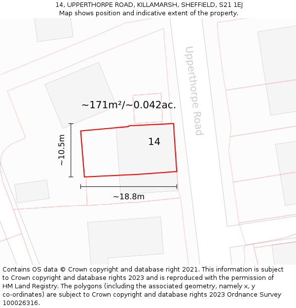 14, UPPERTHORPE ROAD, KILLAMARSH, SHEFFIELD, S21 1EJ: Plot and title map