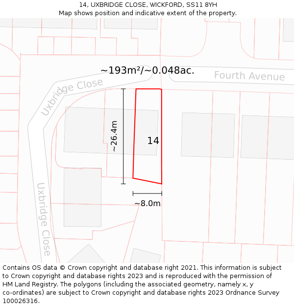 14, UXBRIDGE CLOSE, WICKFORD, SS11 8YH: Plot and title map