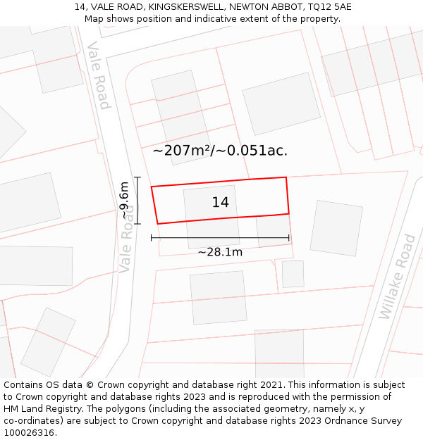 14, VALE ROAD, KINGSKERSWELL, NEWTON ABBOT, TQ12 5AE: Plot and title map