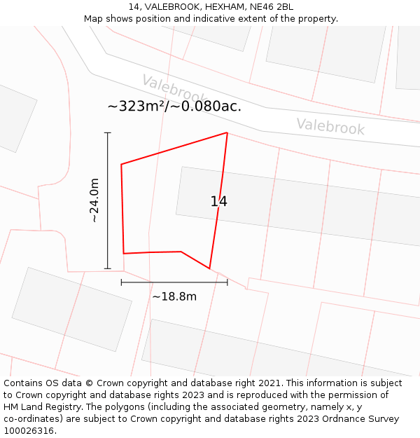 14, VALEBROOK, HEXHAM, NE46 2BL: Plot and title map