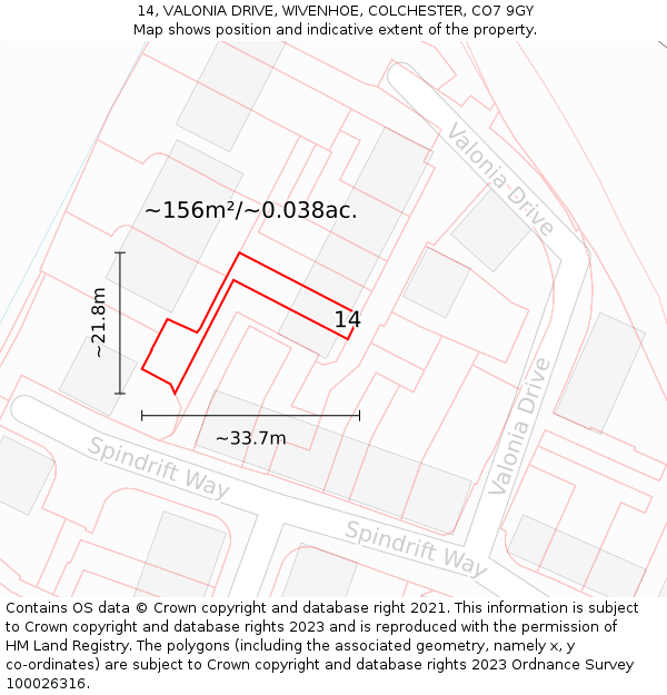 14, VALONIA DRIVE, WIVENHOE, COLCHESTER, CO7 9GY: Plot and title map
