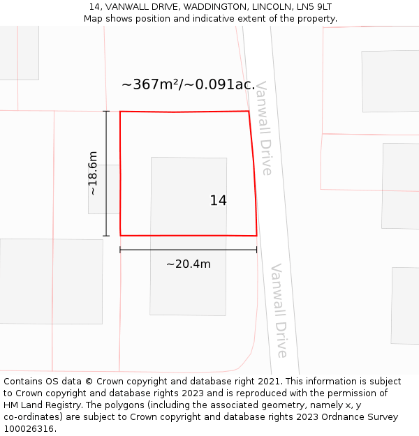 14, VANWALL DRIVE, WADDINGTON, LINCOLN, LN5 9LT: Plot and title map